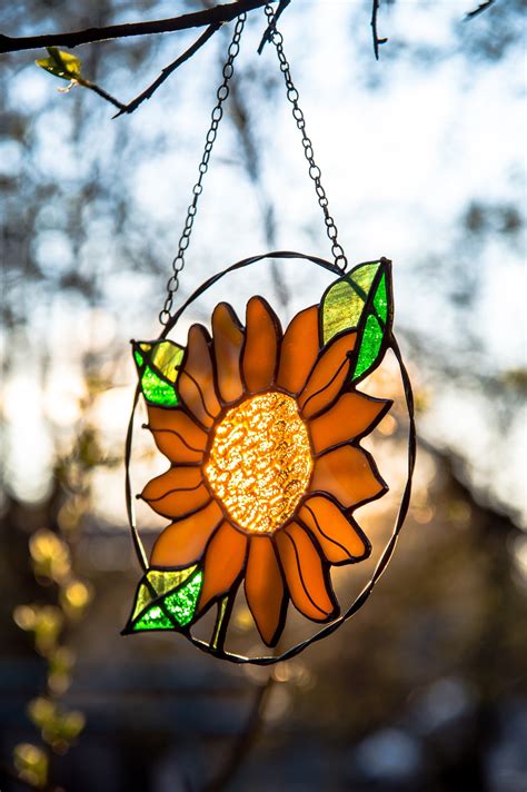 Sunflower Flower Suncatcher Stained Glass Home Decor Panel Etsy