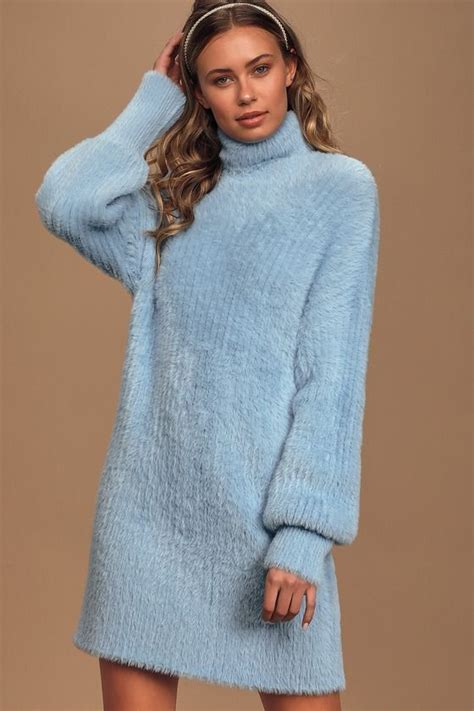 Winter Wonder Light Blue Eyelash Knit Turtleneck Sweater Dress Blue Sweater Dress Light Blue