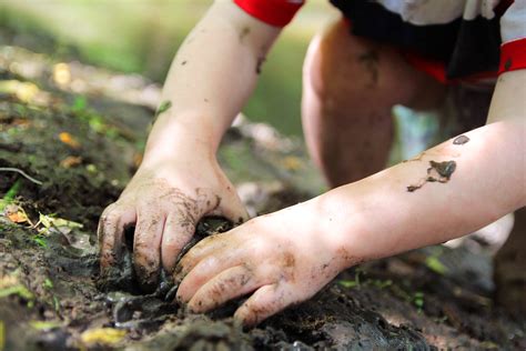 Little Childs Hands Digging In The Mud Outdoor Classroom Day