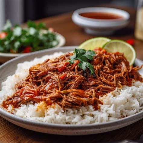 Delicious Cuban Ropa Vieja With Rice In A Bowl On White Background