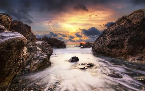 Hd Fantastic Sky Over Rocky Sea Inlet Hdr Wallpaper