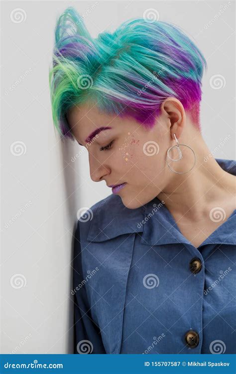 Young Beautiful Woman With Dyed Blue And Green Hair Pixie Bob Short