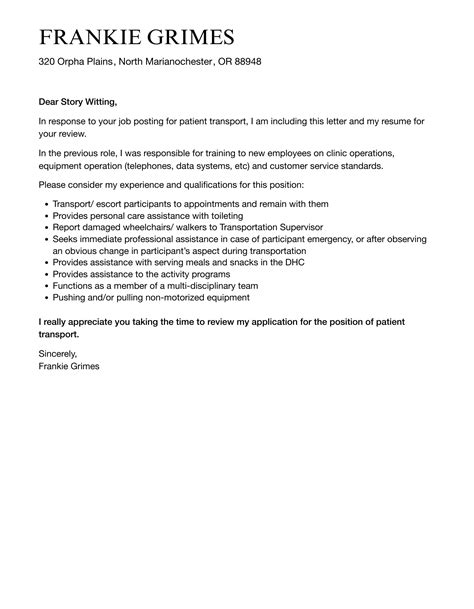Patient Transport Cover Letter | Velvet Jobs