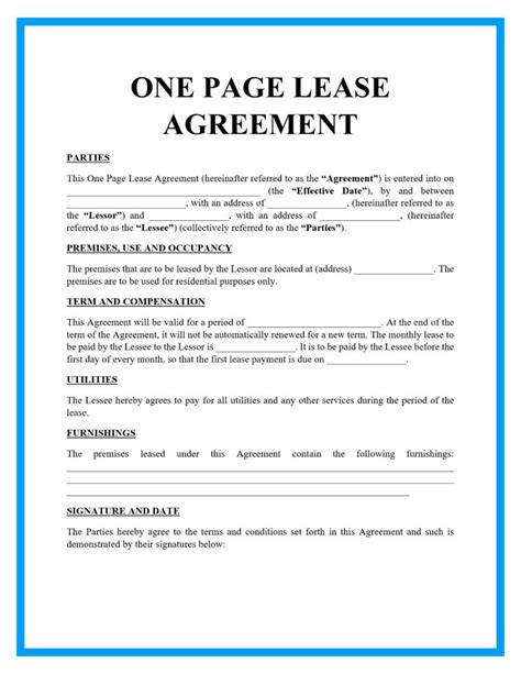 Free One Page Lease Agreement Templates 2024