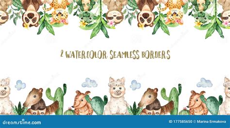 Watercolor Seamless Border With Babies Jungle Animals Stock