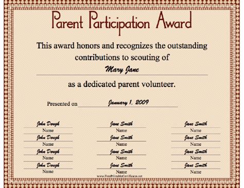 Parent Participation Printable Certificate