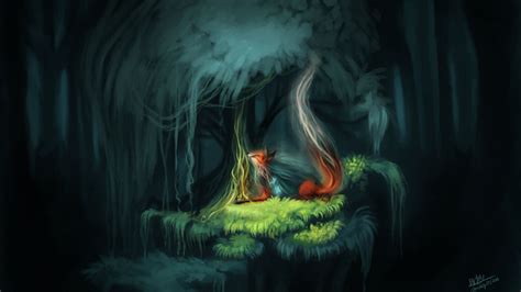 Desktop Wallpaper Red Fox Relaxed Tree Forest Dark Art Hd Image