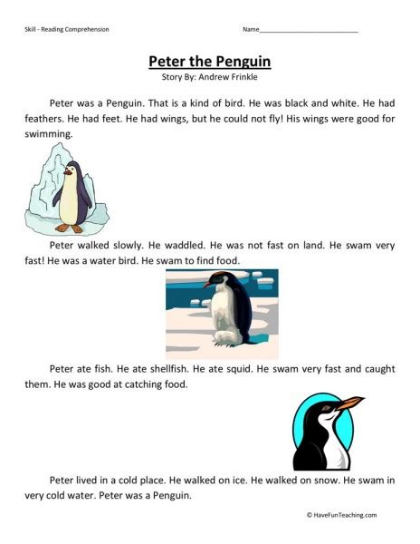 Reading Comprehension Worksheet Peter The Penguin