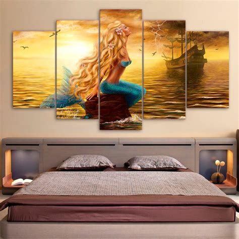 This gorgeous mermaid will be the centerpiece of your wall in this playful yet refined metal wall art mermaid with dolphin. 5 Panel Mermaid in Golden Sea Canvas Art | Mermaid wall ...