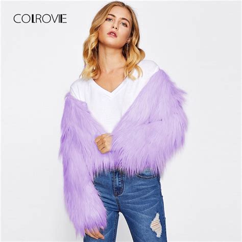 Colrovie Purple Solid Faux Fur Coat Women Warm Elegant Winter Coats