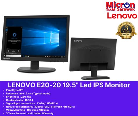 Lenovo E20 20 195 Led Ips Monitor Vgahdmi 62bbkar1ww