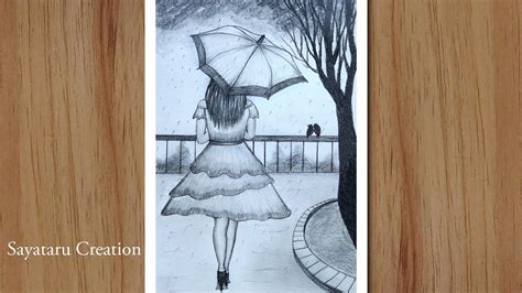 How To Draw A Girl With Umbrella In Rain Step By Step Pencil Drawing