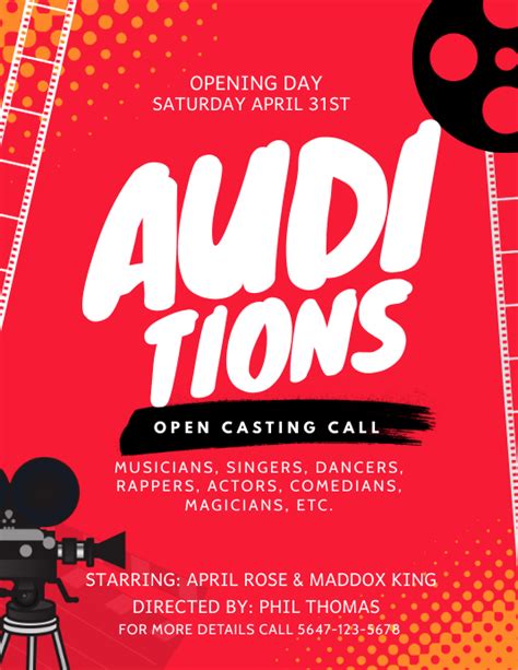 Red Theater Auditions Casting Call Flyer Template Postermywall