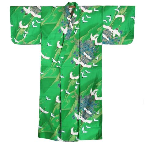 Green And White Cranes Japanese Kimono Robe Japanese Style