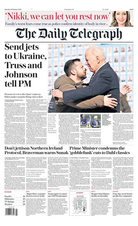 Daily Telegraph Front Page 21st Of February 2023 Tomorrows Papers Today