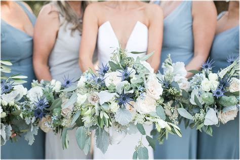 Dusty Blue Bridesmaids Dress And Bouquet Blue Wedding Theme Flowers