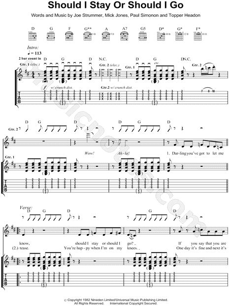 The Clash Should I Stay Or Should I Go Guitar Tab In D Major
