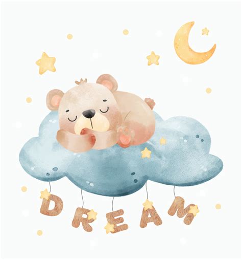 Cute Teddy Bear Sleeping On Night Cloud With Dream Stars Watercolor
