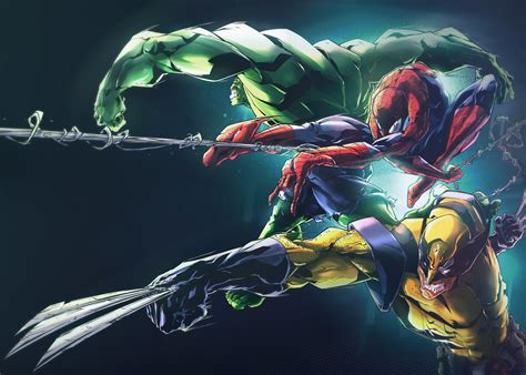 Spider Man The Incredible Hulk And Wolverine Digital Wallpaper Hd