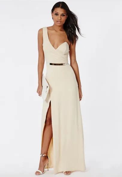 One Shoulder Bustier Split Maxi Dress In Nude Prom Dresses Long Party