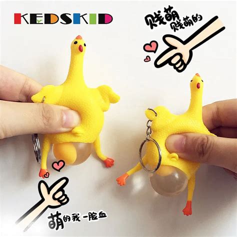 Hens Chicken Laying Egg Keychains Sticky Venting Prank Mischievous Spoofing Mood Squeeze Relief