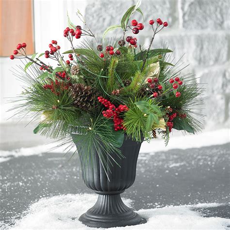 Winter Berry Urn Arrangement Outdoor Christmas Lighted Decorations And