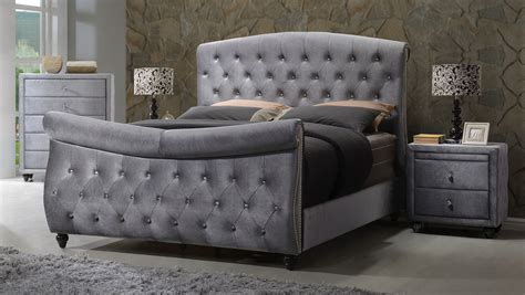 Aubrielle Contemporary Grey Velvet Crystal Tufted 4pc Queen Sleigh Bed Set