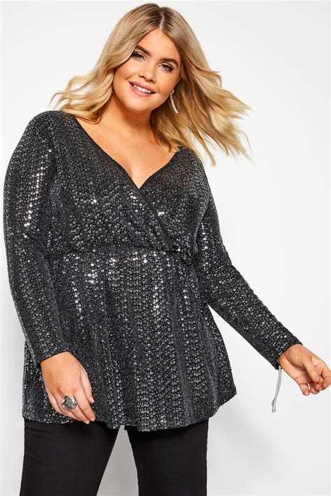 Yours London Silver Sequin Wrap Top Yours Clothing