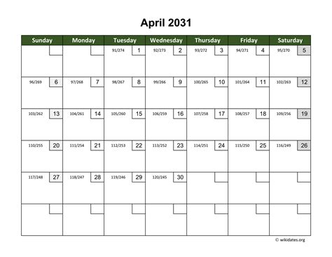 April 2031 Calendar With Day Numbers