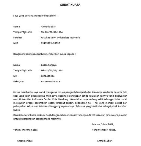 Contoh Surat Kuasa Pengambilan Ijazah Gunadarma Kumpulan Letter 157311