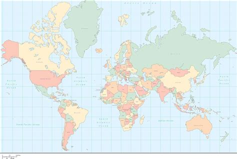 World Map Multi Color With Countries In The Mercator Projection