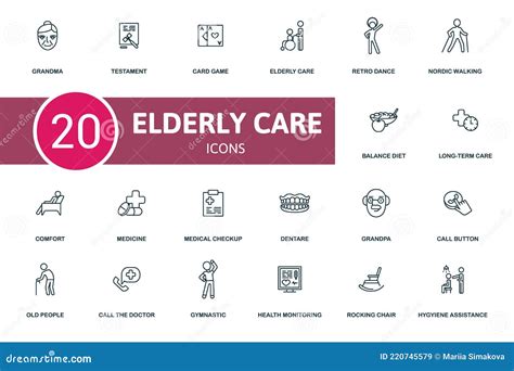 Elderly Care Icon Set Collection Contain Grandma Health Monitoring Call Buttom Card Game And