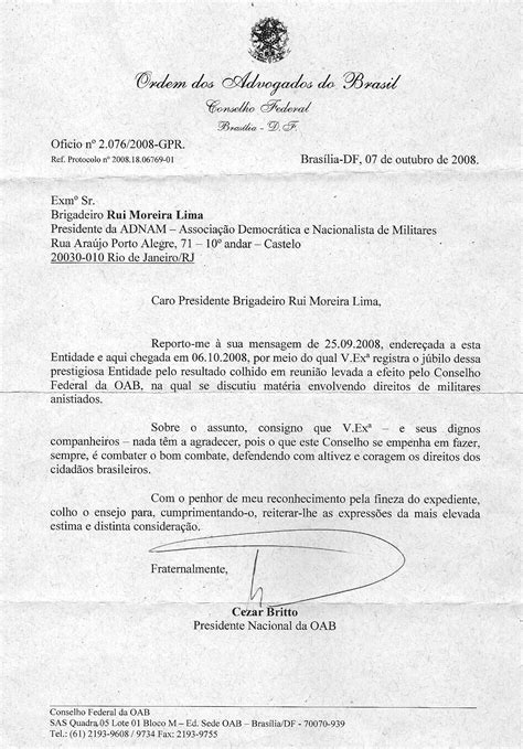 Carta Cumprimento Do Presidente Da Oab Nacional Ao Presidente Da Adnam Portal Dos Cabos Da Fa