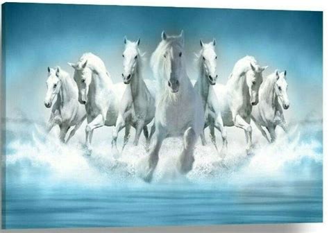 White Seven Horses Running Canvas Wall Art Picture Print C94 By