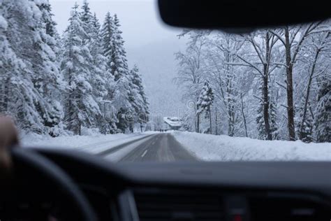 Driving In Winter Snowy Slippery Conditions Dangerous Stock Photo