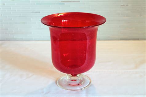 Red Vase With Clear Pedestal Maker Unknown Red Vases Hurricane Glass Glassware