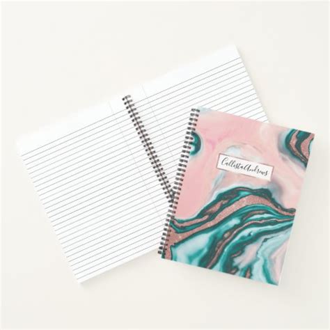 Rose Gold Glitter Pink Teal Swirly Painted Marble Notebook Zazzle