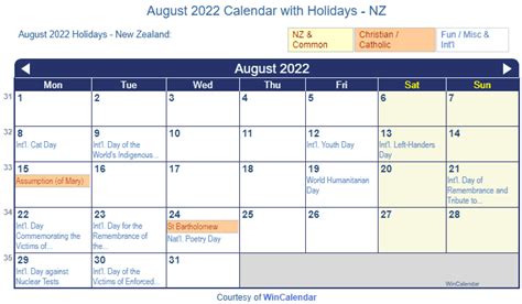 Print Friendly August 2022 New Zealand Calendar For Printing