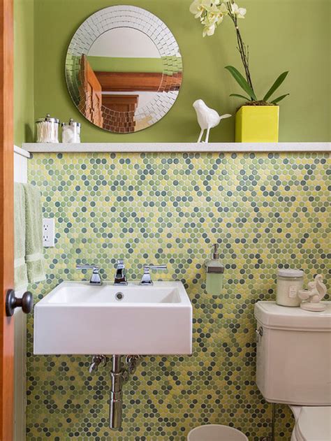 Most Popular Powder Room With Mosaic Tile Floors And Multi Coloured