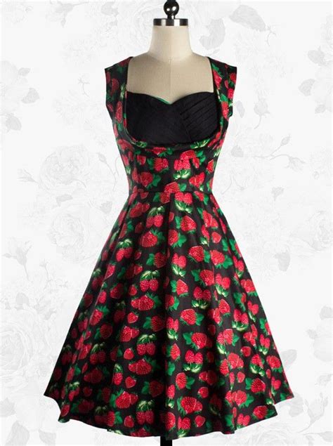 Vintage Sweetheart Neckline Black Strawberry Print Midi Dress For Women Womens Dresses