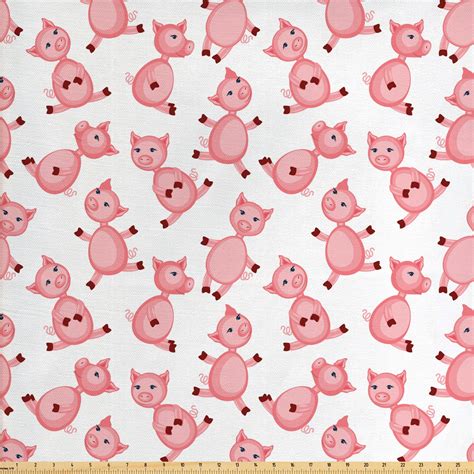 Pig Fabric By The Yard Cartoon Sitting And Smiling Pigs Pattern Farmer