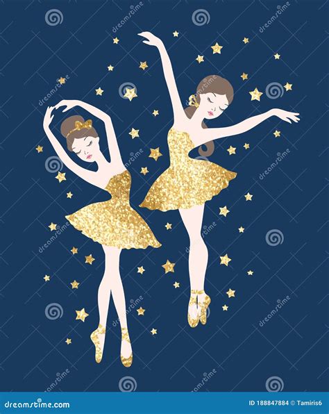 Ballet Dance Illustration With Cute Ballerinas In Gold Glitter Tutu
