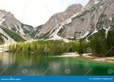 The Wonderful Braies Lake In The Dolomites In Spring With The Mountains
