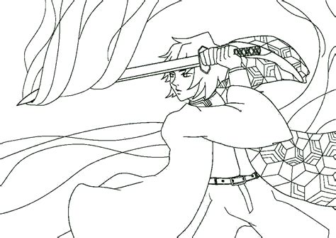 Giyu Tomioka Brandishes His Katana Coloring Page [Printable]