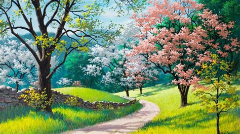 Download 1366x768 Spring Painting Trees Cherry Blossom Artwork