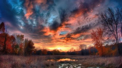 An Autumn Sunrise Over A Field With Trees And A Creek Background