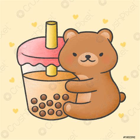 Cute Bear Hug Bubble Milk Tea Fresh Drink Cartoon Hand Stock Vector