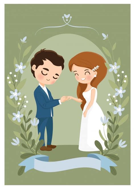 Premium Vector Cute Couple Wear A Wedding Ring On Wedding Invitation Card Cartoon Wedding
