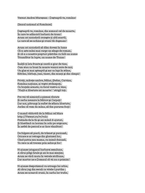 Pe lângă acest imn, românii mai au hora unirii, scris în 1855 de marele poet vasile. imnul Romaniei Versuri Andrei Mureșean.docx
