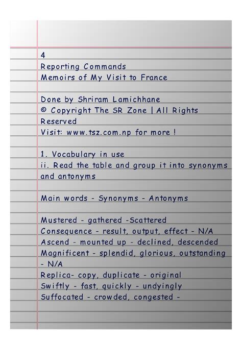 Class 10 English Unit 4 Memoirs Of My Visit To France Notes The Sr Zone